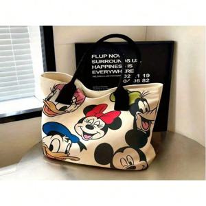 디즈니 대용량 미키 마우스 만화 캔버스 토트 핸드백 - 지퍼와 버튼 잠금 장치가 있는 여성 패션 숄더백
