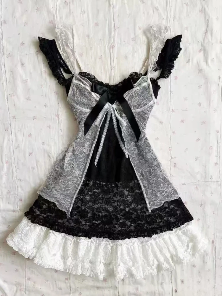 미적 빈티지 레이스 슬림 드레스 여성 고딕 섹시한 Y2k 레이스 업 카디건 여성 하이 스트리트 핫 소녀 오프 어깨 슬링 드레스