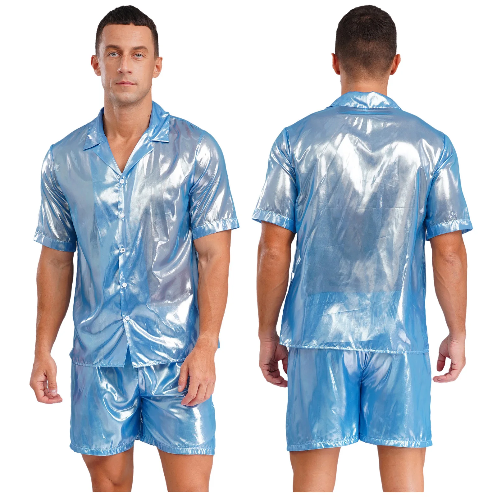 남성용 반짝이는 비치웨어 정장 시스루 워터 리플 샤인 셔츠 탑과 신축성 있는 허리밴드 휴가 여행을 위한 루즈한 복서 반바지