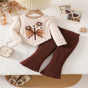 여자 아기 가을 달콤하고 절묘한 스타일의 입체 꽃 리본 탑과 갈색 벨 바닥 바지 세트