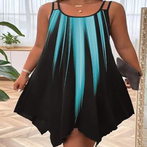 플러스 사이즈 여성용 보헤미안 스타일 더블 스트랩 그라데이션 프린트 드레스