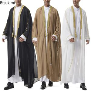남성 무슬림 자수 오픈 아바야 주바 토브 카디건 드레스 기모노 터키 두바이 사우디 카프탄 이슬람 의류 기도 카프탄 아바야