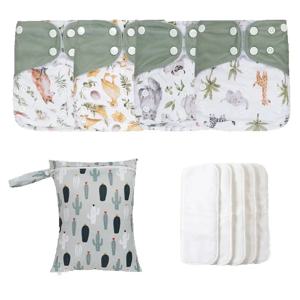 HappyFlute 4피스 빨 수있는 포켓 천 기저귀 세트 4개 삽입물 및 젖은 가방 신생아 아기 기저귀 커버 선물 세트