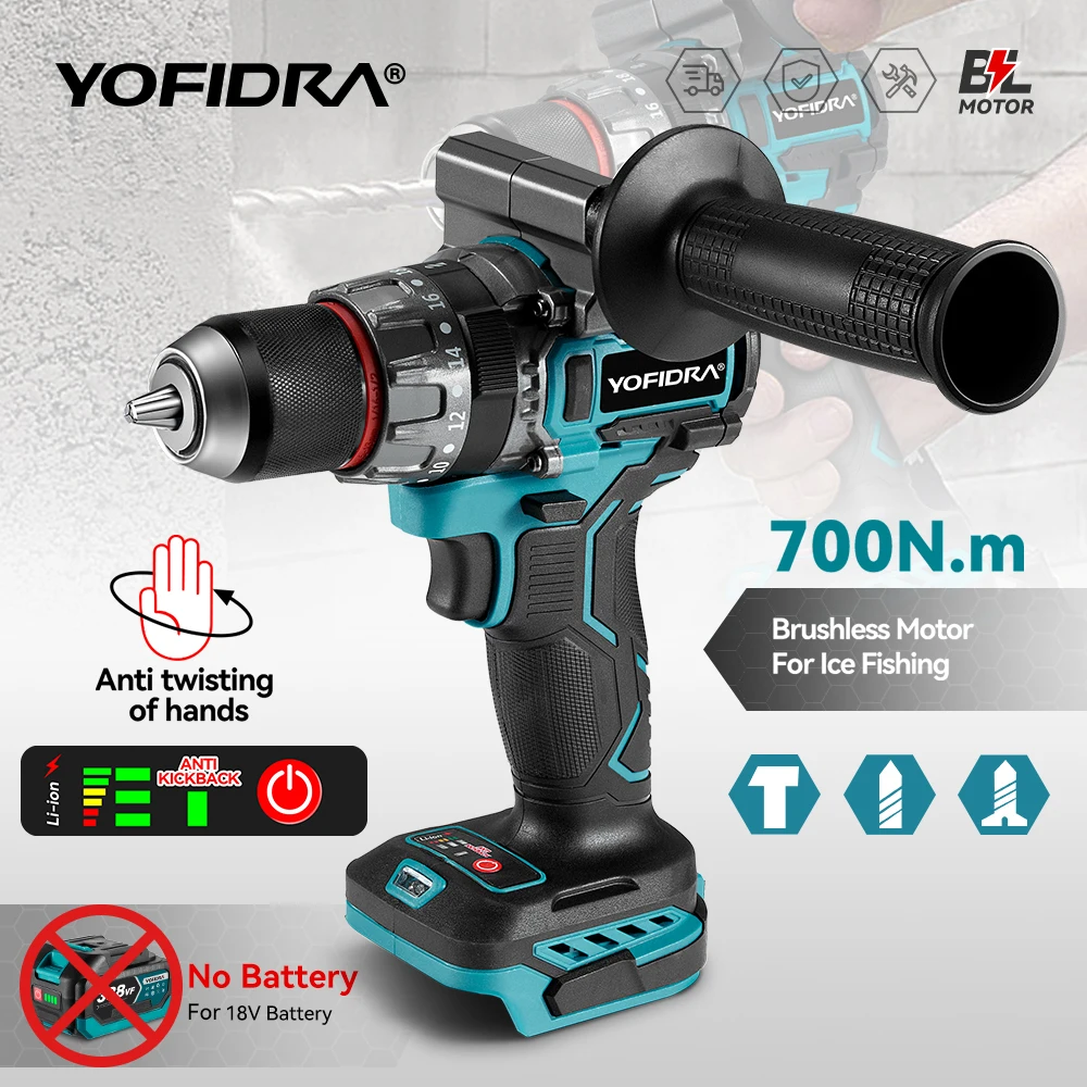 YOFIDRA 13MM 700N.m 브러시리스 전기 임팩트 드릴 20+3 토크 무선 스크루드라이버 DIY 파워툴 (마키타 18V 배터리 핀 호환)