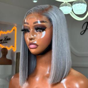 실버 그레이 레이스 프론트 숏 밥 가발, 그레이 컬러 스트레이트 13x4 HD 레이스 프론트 가발, 흑인 여성용 인모 10/12/14/16인치