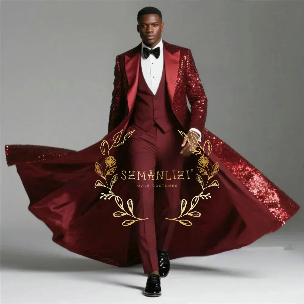 버건디 샤이니 스팽글 수트 남성 3피스 세트 싱글 브레스티드 신랑 롱 블레이저 의상 남성 웨딩 턱시도 남성복