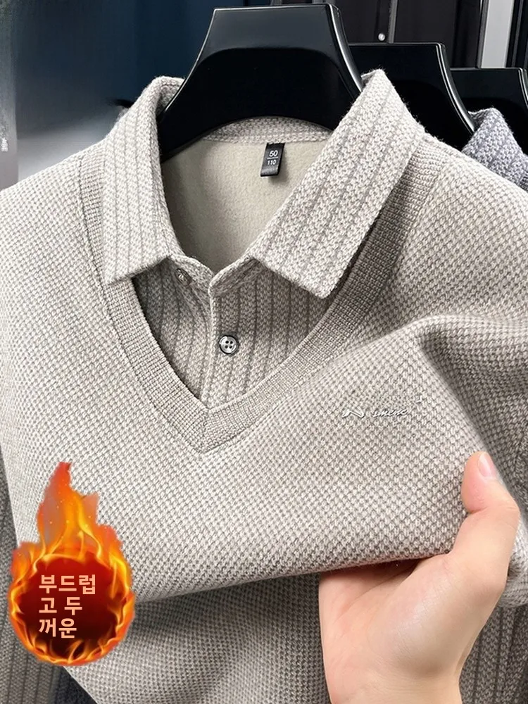 남성용 겨울 두꺼운 플리스 안감 니트 스웨터 페이크 투피스 캐주얼 따뜻한 베이스 셔츠 아빠 스타일 레귤러 핏 긴팔