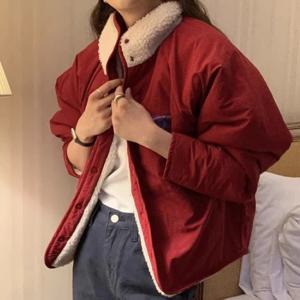 여성용 양털 숏 재킷 루즈 캐주얼 스타일 양면 착용 심플한 한국 버전 겨울 따뜻한 상의 라벨 배색