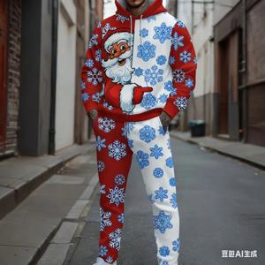 가을 크리스마스 산타 클로스 3D 인쇄 남성 후드티 정장 캐주얼 패션 오버사이즈 스웨트셔츠+스웨트팬츠 2피스 세트 의류