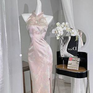 레트로 치파오 슬릿 섹시한 중국 스타일 핑크 Qipao 드레스 여성 우아한 데일리 드레스 의상