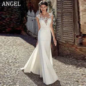 천사 시민 인어 웨딩 드레스 맞춤형 레이스 스쿠프 넥 베스 티드 Noiva Boho 새틴 화이트 신부 가운 환상 아플리케 뒤로