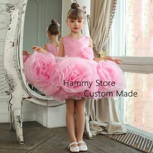 귀여운 꽃 소녀 원피스 맞춤형 생일 파티 가운, V넥 프릴 장미 꽃, 미니 첫 성찬식 가운
