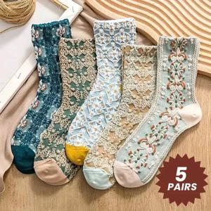 여성용 레트로 입체 릴리프 양말, 중간 길이 양말, 슬림하고 귀여운 여름, 숲 스타일, 예술적, 5 켤레