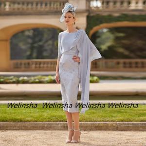 짧은 어머니 신부 원피스 쉬폰 케이프 라운드 넥 3/4 소매 레이스 티 길이 여성 웨딩 파티 가운, 하객 드레스