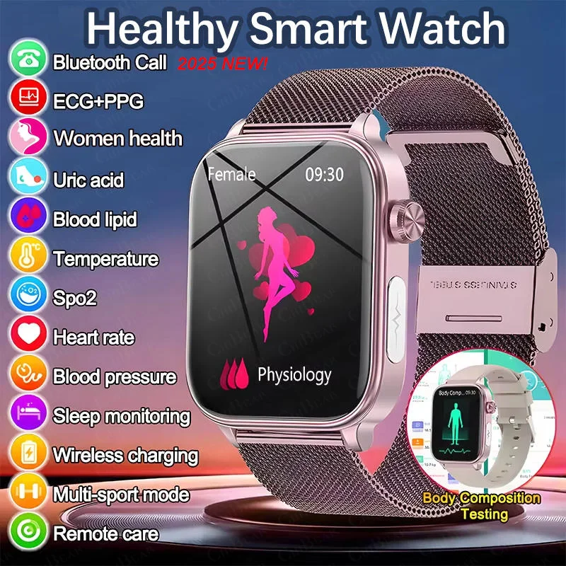 2025 새로운 스마트 시계 진단 혈액 지질 요산 혈압 Smartwatch 남성 ECG + PPG 음성 블루투스 통화 건강 시계