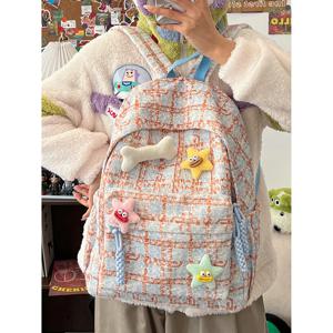 만화 배낭 하라주쿠 체크 무늬 배낭 학교 학생 여행 가방, 여대생 가을 겨울 학교 가방