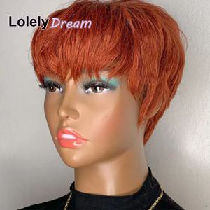 Lolley Dream Machine Made 여성용 짧은 오렌지 생강 100% 인모 가발, 앞머리 포함 레미 스트레이트 가발, 레이어드 픽시 컷 밥 가발