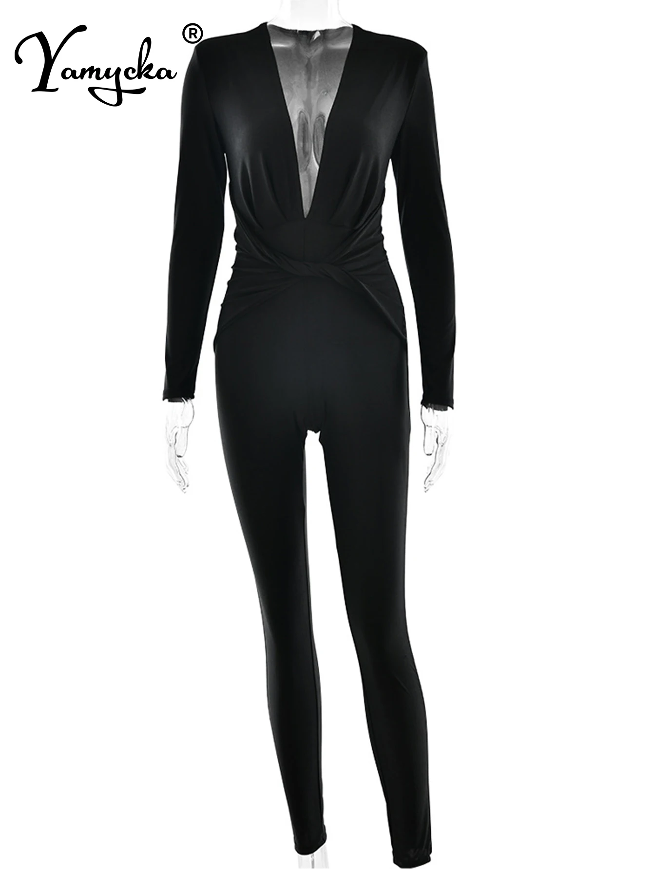 섹시한 블랙 새틴 bodycon 점프 슈트 여성 바지 여름 한 조각 romper 점프 슈트 여성 우아한 긴 소매 점프 슈트 클럽 의상