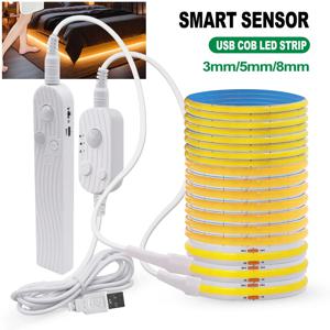 모션 센서 5V Led COB 라이트 스트립 배터리 Usb 전원 자동 ON/OFF 라이너 조명 다이오드 캐비닛 옷장 주방 계단