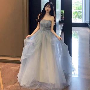 우아한 블루 브라이드메이드 드레스 이브닝 가운 스트랩 허리 조절 슬림핏 프린세스 스커트 성인 행사 및 시험용
