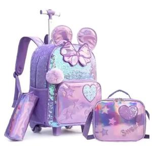 여아용 롤링 백팩 (점심 가방 세트 포함) 초등학생 여행용 바퀴 달린 백팩