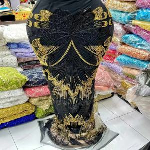 골드 아프리카 럭셔리 비즈 튤 레이스 원단 2025 나이지리아 수제 헤비 시퀸 진주 레이스 원단 신부 웨딩 드레스용