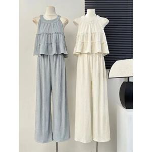 패셔너블한 라운드 넥 민소매 탑 하이웨이스트 스트레이트 레그 팬츠 여성 여름 신상 한국 스타일 투피스 세트