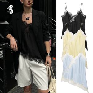 2025 트라피자란 여름 백리스 레이스 비대칭 밑단 파티 나이트 쇼 여성 란제리 스타일 레이스 캐미솔 탑