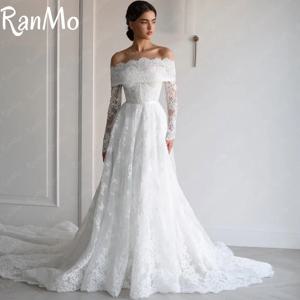 Ranmo 절묘한 a 라인 웨딩 드레스 럭셔리 오프 숄더 신부 가운 레이스 긴 소매 맞춤형 Vestidos De Novia Sweep Train