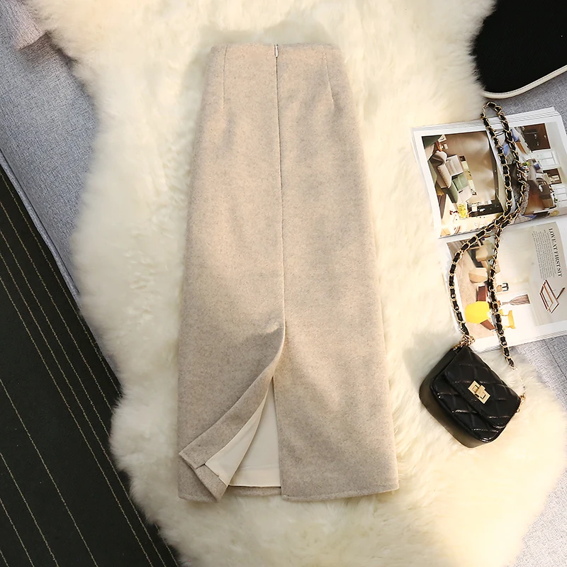 두꺼운 울 A라인 미니 스커트 여성용 가을 겨울 중간 길이 프로페셔널 슬릿 스트레이트 원스텝 슬리밍 스커트