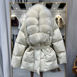 럭스 폭스 퍼 칼라 다운 재킷 여성용 중간 길이 허리 조임 패션 따뜻한 외투 출퇴근 스타일 한국 버전