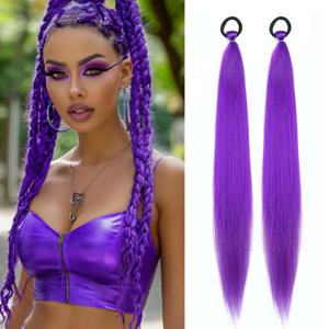 2PS/팩 프리 스트레치드 합성 브레이딩 헤어 브레이드 포니테일 익스텐션 (탄성 타이 포함) 스트레이트 슬릭 랩 어라운드