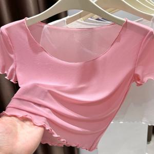 플러스 사이즈 아이스 실크 메쉬 로우 넥 반팔 티셔츠 여성 여름 패션 얇은 투명 내부 포켓 손수건