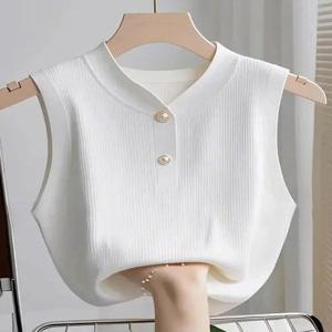 화이트 아이스 실크 니트 조끼 여성용 봄 여름 신상 디자인 베이스 레이어 독특하고 정교한 민소매 외부 포켓 손수건