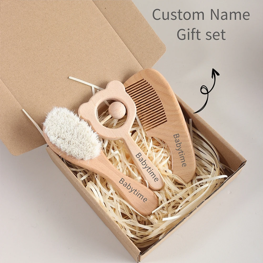 맞춤 아기 이름 선물 세트, 울트라 소프트 아기 브러시와 빗 세트, 민감한 두피를 위한 신생아 세례 선물 아이디어, 베이비 샤워 선물