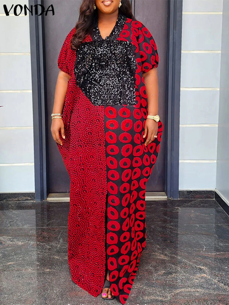 플러스 사이즈 5XL VONDA 여성 롱 맥시 드레스 빈티지 인디 포크 패치워크 프린트 드레스 2025 여름 선드레스 파티 브이넥 로브