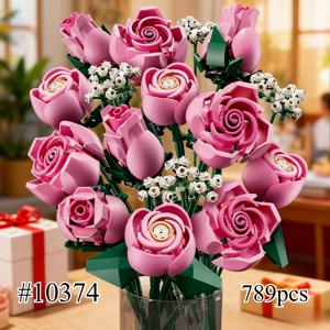 미니소 핑크 로즈 부케 10374 크리스마스 선물용 레고 호환 부품, 789개
