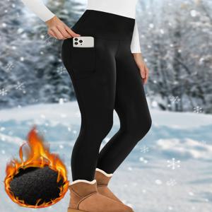 여성용 기모 안감 하이웨이스트 포켓 레깅스, 운동용 겨울용 따뜻한 두꺼운 타이즈 부드러운 요가 러닝 팬츠