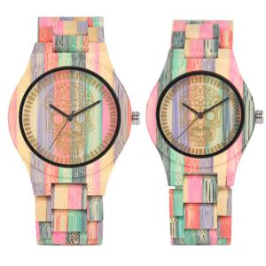 빈티지 스타일리시 다채로운 대나무 나무 쿼츠 손목시계, 남녀 공용 접이식 걸쇠, 풀 우드 스트랩, 커플 시계