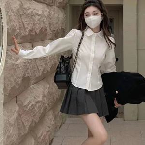Xpqbb 여성용 흰색 셔츠 한국 프레피 스타일 긴 소매 턴 다운 칼라 블라우스 학교 소녀 유니폼 학생 슬림 셔츠 2024