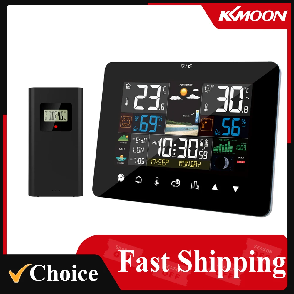 FJ3362G 기상 관측소 알람 시계 온도계 습도계, 터치 스크린 무선 센서, 일출 일몰 습도계