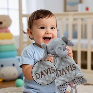 실리콘 Teether 유기농 면 이불 유아 샤워 선물과 개인화 된 아기 코끼리 보안 담요