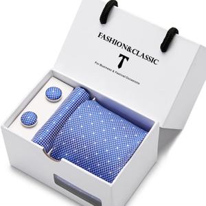 최고급 패션 블루 도트 넥타이 포켓 스퀘어 커프스 단추 남성용 선물 상자 웨딩 Gravatas Fit 공식 파티 세트