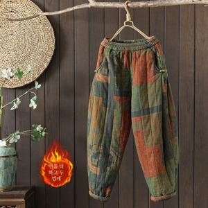 레트로 엘라스틱 웨이스트 아티스틱 와이드 레그 팬츠 여성 루즈 플러스 사이즈 가을 겨울 코튼 프린트 플리스 캐주얼 바지