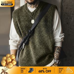 Maden 레트로 니트 v 넥 조끼 레이어링 솔리드 풀오버 남성용 가을, 겨울 니트 탑을위한 따뜻한 민소매 양복 조끼