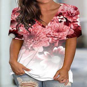 플러스 사이즈 여성용 V 넥 반팔 티셔츠 라운드 넥 풀오버 캐주얼 프린트 패턴 여름 최고의 선택