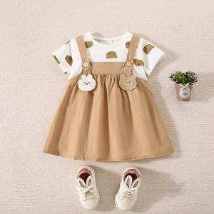 여름 아기 소녀 면화 테디 베어 인쇄 여자를위한 짧은 소매 드레스 가짜 투피스 스트랩 드레스 귀여운 드레스