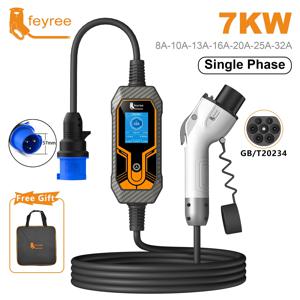 Feyree 전기 자동차 충전 박스, 휴대용 충전 케이블, 전류 조절 가능, 1 상 EV 충전기, GB/T 코드, 7KW, 32A, 5m