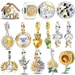 새로운 925 스털링 실버 두 톤 황금 해바라기 럭키 스타 매력 팔찌 & 목걸이 썬 문 다이아몬드 매력 쥬얼리 DIY