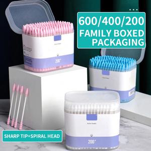 600/400/200PCS 더블 엔드 목화 패드 지적 나무 면봉 메이크업 리무버 상자 귀 청소 일회용 면봉